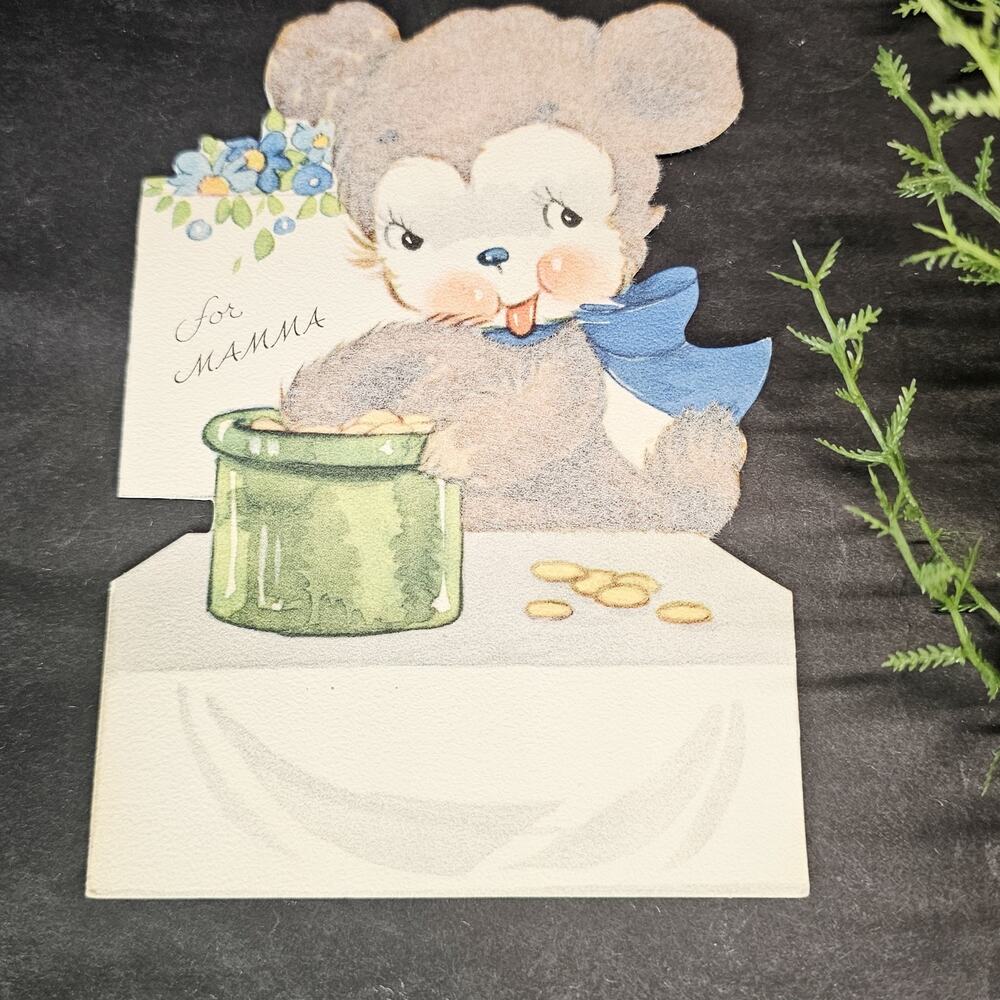 Vintage Greeting Card Mother's Day Baby Bear Cub Flocked Die-Cut 1950s Unused